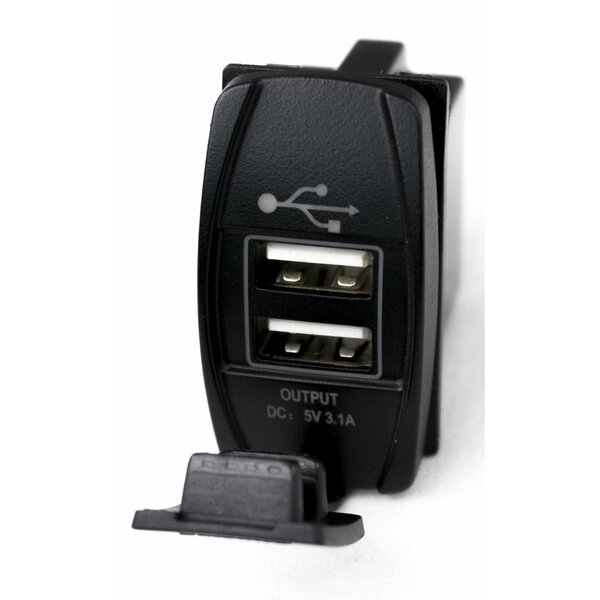 Racesport Lt SWITCH 12 Volt DC; 3.1 Amp; Rocker Switch; Blue LED Radiance; Black; With 2 Port USB Charge Panel RSRSUSBB